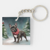 Franse Bulldog in Sneeuw Kerstmis Sleutelhanger (Achterkant)