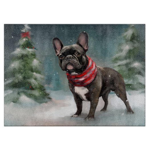 Franse Bulldog in Sneeuw Kerstmis Snijplank (Voorkant)