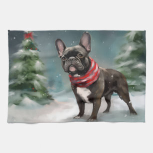 Franse Bulldog in Sneeuw Kerstmis Theedoek