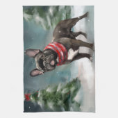 Franse Bulldog in Sneeuw Kerstmis Theedoek (Verticaal)