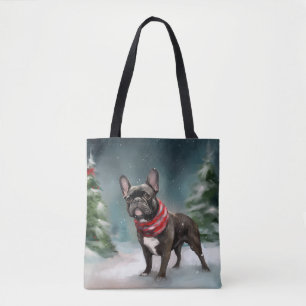 Franse Bulldog in Sneeuw Kerstmis Tote Bag