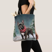 Franse Bulldog in Sneeuw Kerstmis Tote Bag (Dichtbij)
