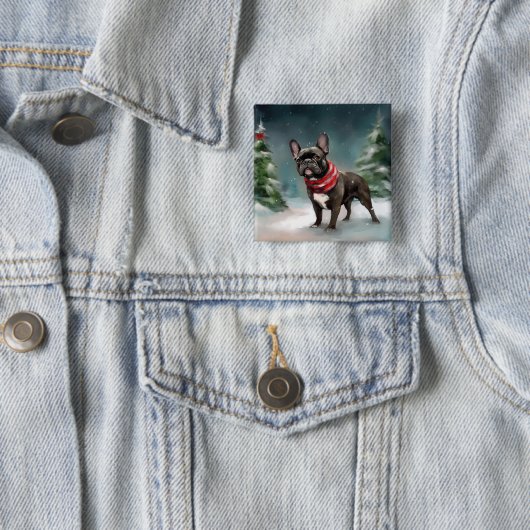 Franse Bulldog in Sneeuw Kerstmis Vierkante Button 5,1 Cm (In situ)