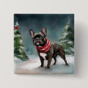 Franse Bulldog in Sneeuw Kerstmis Vierkante Button 5,1 Cm
