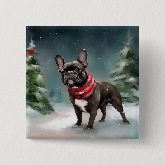 Franse Bulldog in Sneeuw Kerstmis Vierkante Button 5,1 Cm (Voorkant)