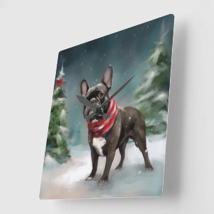 Franse Bulldog in Sneeuw Kerstmis Vierkante Klok