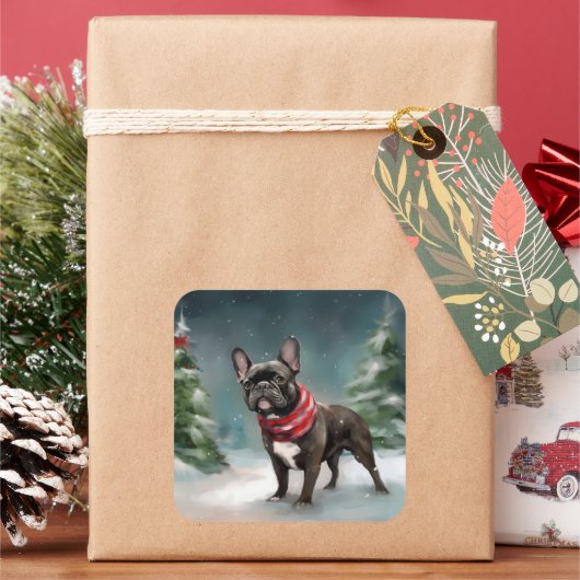 Franse Bulldog in Sneeuw Kerstmis Vierkante Sticker (Feestdagen)