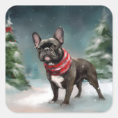 Franse Bulldog in Sneeuw Kerstmis Vierkante Sticker (Voorkant)