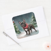 Franse Bulldog in Sneeuw Kerstmis Vierkante Sticker (Envelop)