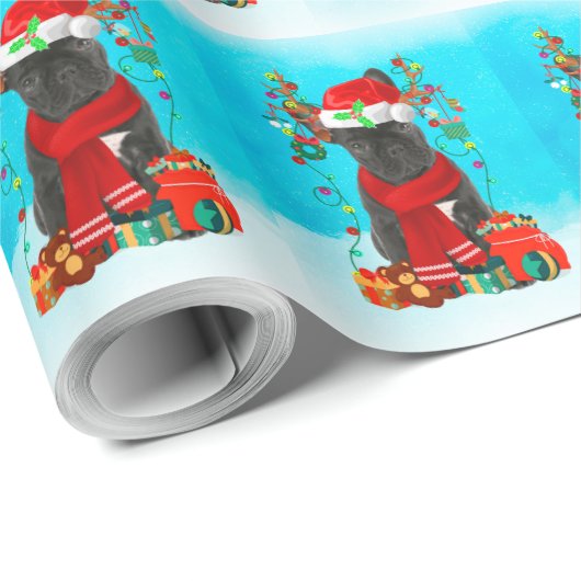 Franse Bulldog in sneeuw met kerstcadeaus Cadeaupapier (Rol Hoek)