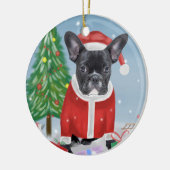 Franse Bulldog in sneeuw met kerstcadeaus Keramisch Ornament (Links)