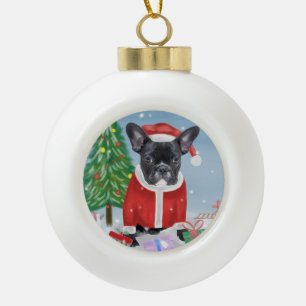 Franse Bulldog in sneeuw met kerstcadeaus Keramische Bal Ornament