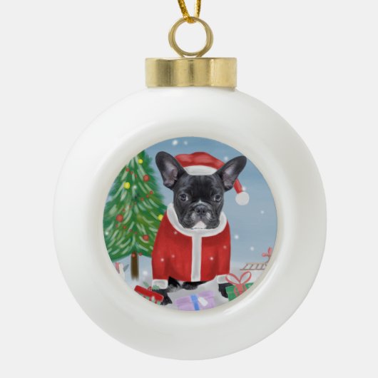 Franse Bulldog in sneeuw met kerstcadeaus Keramische Bal Ornament (Voorkant)
