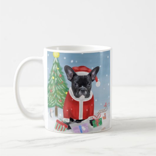 Franse Bulldog in sneeuw met kerstcadeaus Koffiemok (Links)