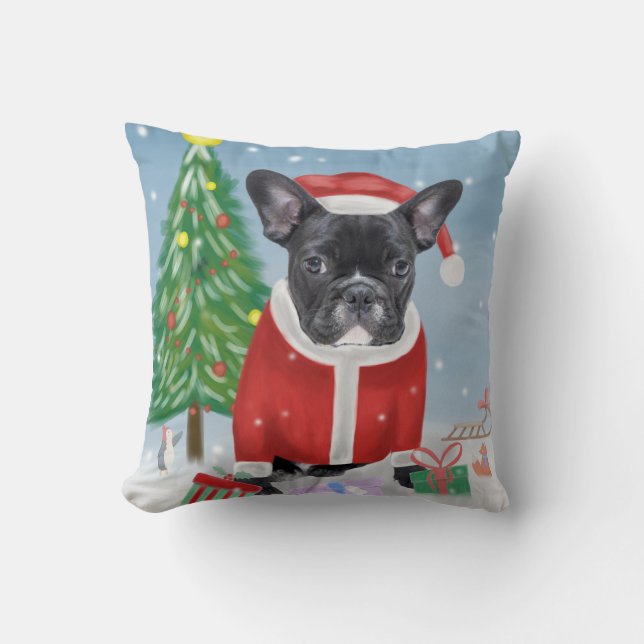 Franse Bulldog in sneeuw met kerstcadeaus Kussen (Voorkant)