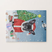 Franse Bulldog in sneeuw met kerstcadeaus Legpuzzel (Horizontaal)