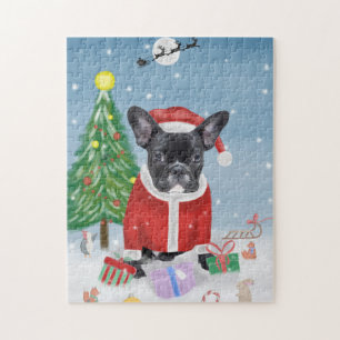 Franse Bulldog in sneeuw met kerstcadeaus Legpuzzel