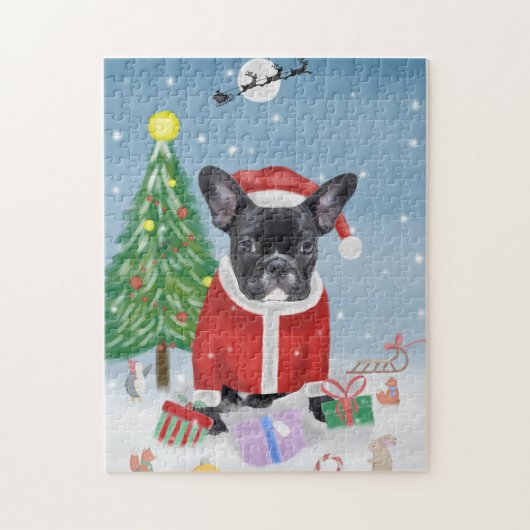 Franse Bulldog in sneeuw met kerstcadeaus Legpuzzel (Verticaal)