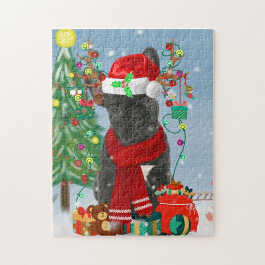 Franse Bulldog in sneeuw met kerstcadeaus Legpuzzel (Verticaal)