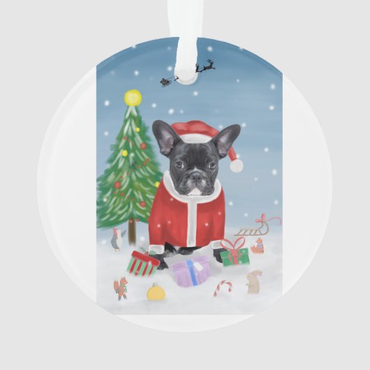 Franse Bulldog in sneeuw met kerstcadeaus Ornament (achterkant)
