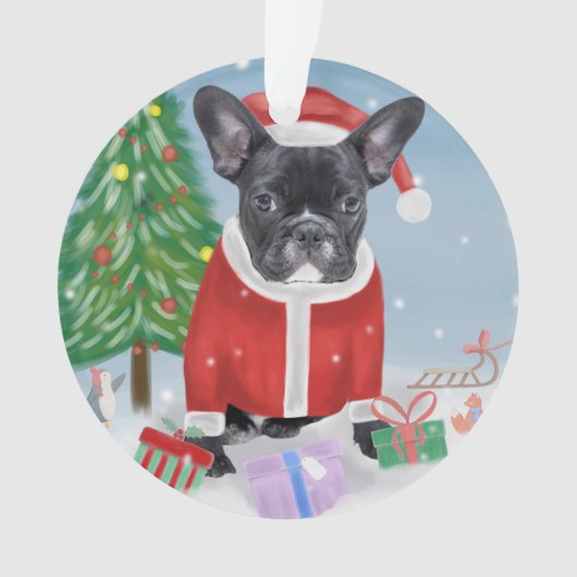Franse Bulldog in sneeuw met kerstcadeaus Ornament (voorkant)