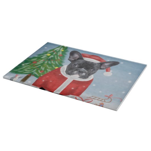 Franse Bulldog in sneeuw met kerstcadeaus Snijplank (Hoek)