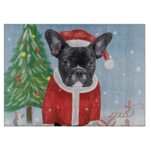 Franse Bulldog in sneeuw met kerstcadeaus Snijplank (Voorkant)