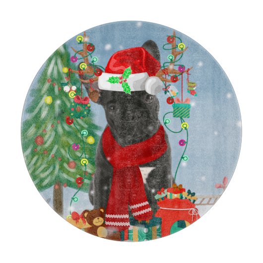 Franse Bulldog in sneeuw met kerstcadeaus Snijplank (Voorkant)