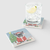 Franse Bulldog in sneeuw met kerstcadeaus Stenen Onderzetter (Zijkant)