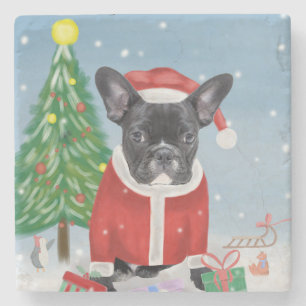 Franse Bulldog in sneeuw met kerstcadeaus Stenen Onderzetter