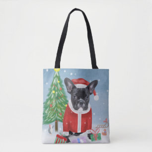 Franse Bulldog in sneeuw met kerstcadeaus Tote Bag