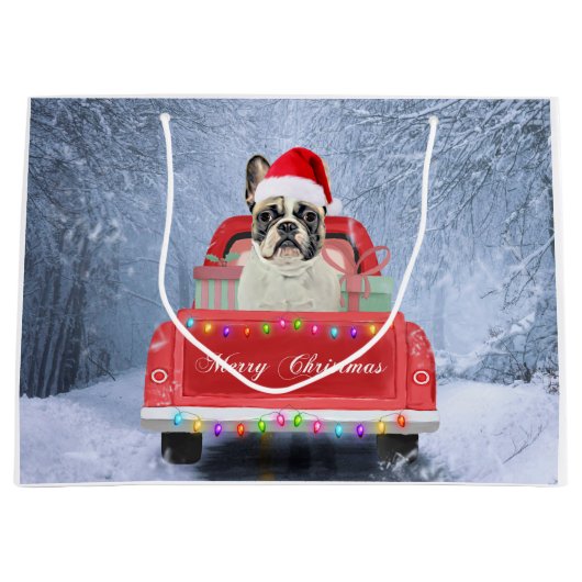 Franse Bulldog in sneeuw zitten in Kerstmis Groot Cadeauzakje (Voorkant)
