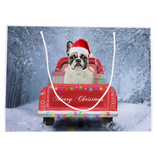 Franse Bulldog in sneeuw zitten in Kerstmis Groot Cadeauzakje (Achterkant)