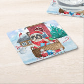 Franse Bulldog in sneeuwkersthondenhuis Kartonnen Onderzetters (Schuin)