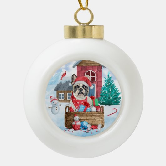 Franse Bulldog in sneeuwkersthondenhuis Keramische Bal Ornament (Voorkant)