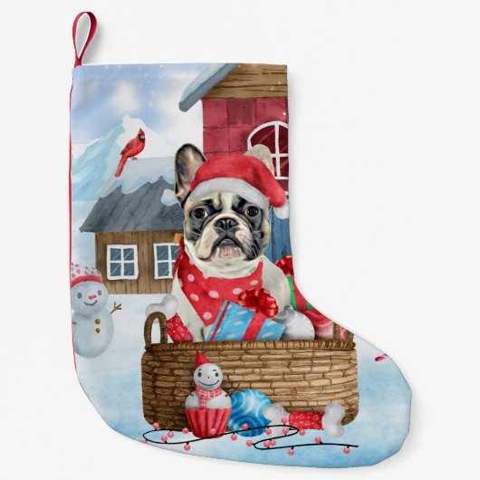 Franse Bulldog in sneeuwkersthondenhuis Kleine Kerstsok (Voorkant)