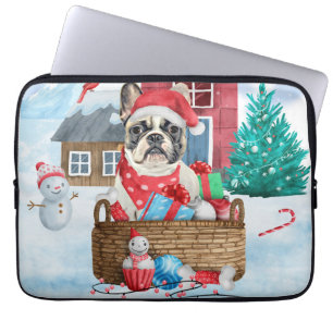 Franse Bulldog in sneeuwkersthondenhuis Laptop Sleeve