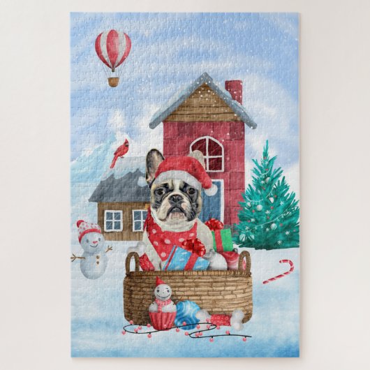 Franse Bulldog in sneeuwkersthondenhuis Legpuzzel (Verticaal)