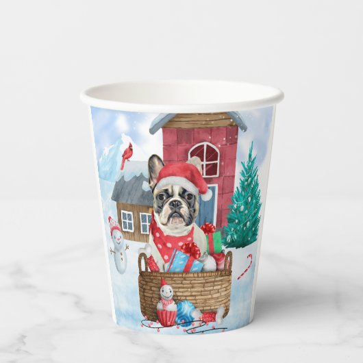 Franse Bulldog in sneeuwkersthondenhuis Papieren Bekers (Achterkant)