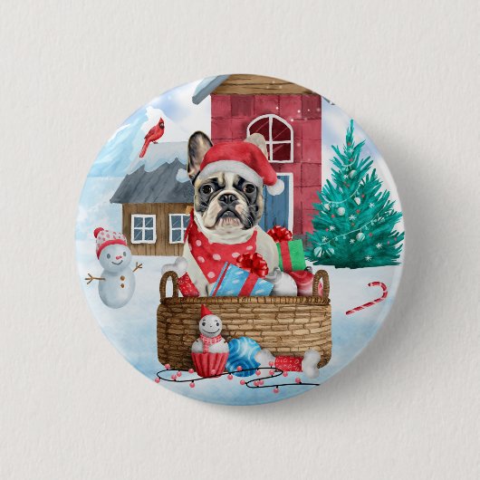 Franse Bulldog in sneeuwkersthondenhuis Ronde Button 5,7 Cm (Voorkant)