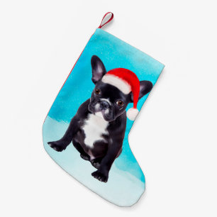 Franse Bulldog in Sneeuwkerstmis met Santa Hat Kleine Kerstsok