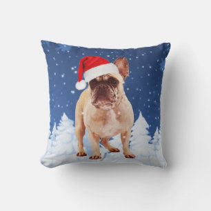 Franse Bulldog in Sneeuwkerstmis met Santa Hat Kussen