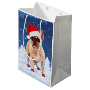 Franse Bulldog in Sneeuwkerstmis met Santa Hat Medium Cadeauzakje