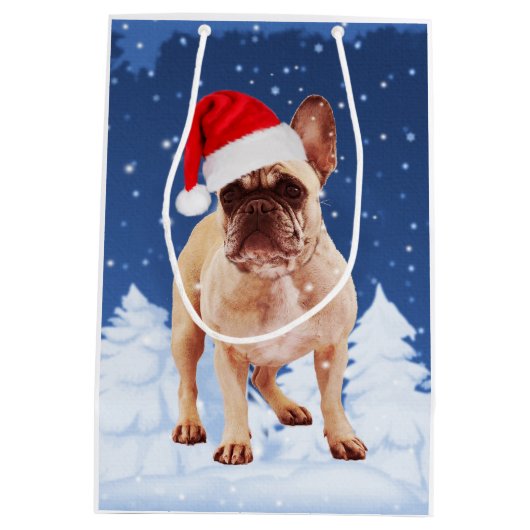 Franse Bulldog in Sneeuwkerstmis met Santa Hat Medium Cadeauzakje (Achterkant)