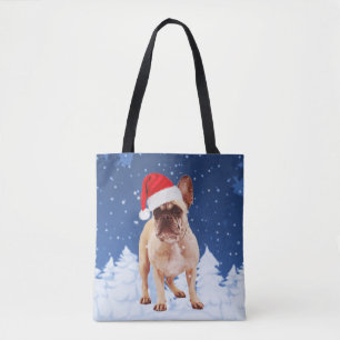 Franse Bulldog in Sneeuwkerstmis met Santa Hat Tote Bag