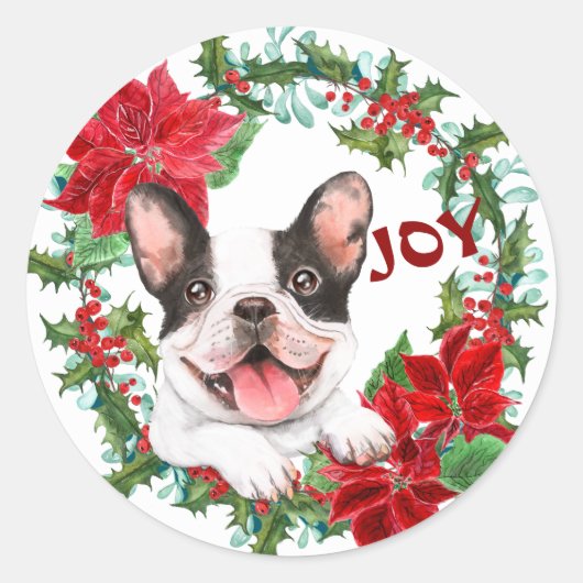 Franse Bulldog Joy Poinsettia Kerstmis met grote k Ronde Sticker (Voorkant)