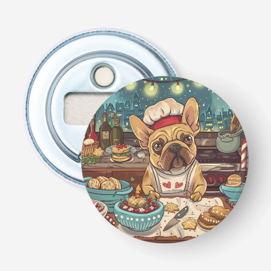 Franse Bulldog Kerstbakfeest: Festive Kerstmis Button Flesopener (Voorkant)