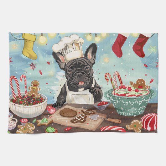 Franse Bulldog Kerstbakfeest: Festive Kerstmis Theedoek (Horizontaal)