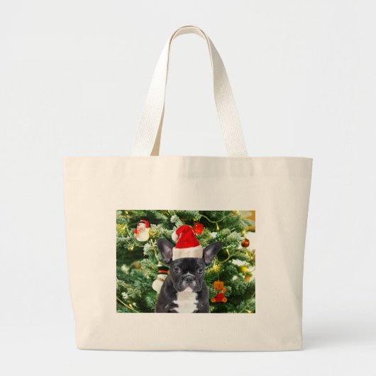 Franse Bulldog Kerstboom Ornamenten Sneeuwman Grote Tote Bag (Voorkant)
