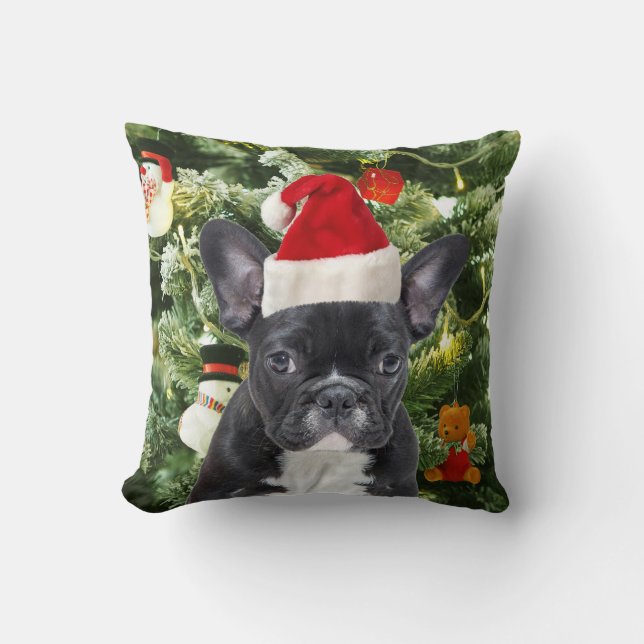 Franse Bulldog Kerstboom Ornamenten Sneeuwman Kussen (Voorkant)